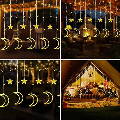120 LED Curtain String Lights, Star and Moon Lights Fairy Lights, String Hanging with Remote for Bedroom Birthday Wedding Christmas Party Garden Indoor Outdoor Decoration