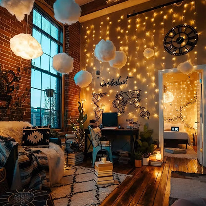 3 Pack 900 LED Curtain Lights, 9.9Ft × 9.9Ft Warm White Curtain String Lights, 8 Modes Twinkle Lights with Remote, USB Hanging Curtain Lights for Bedroom, Window, Wedding, Party