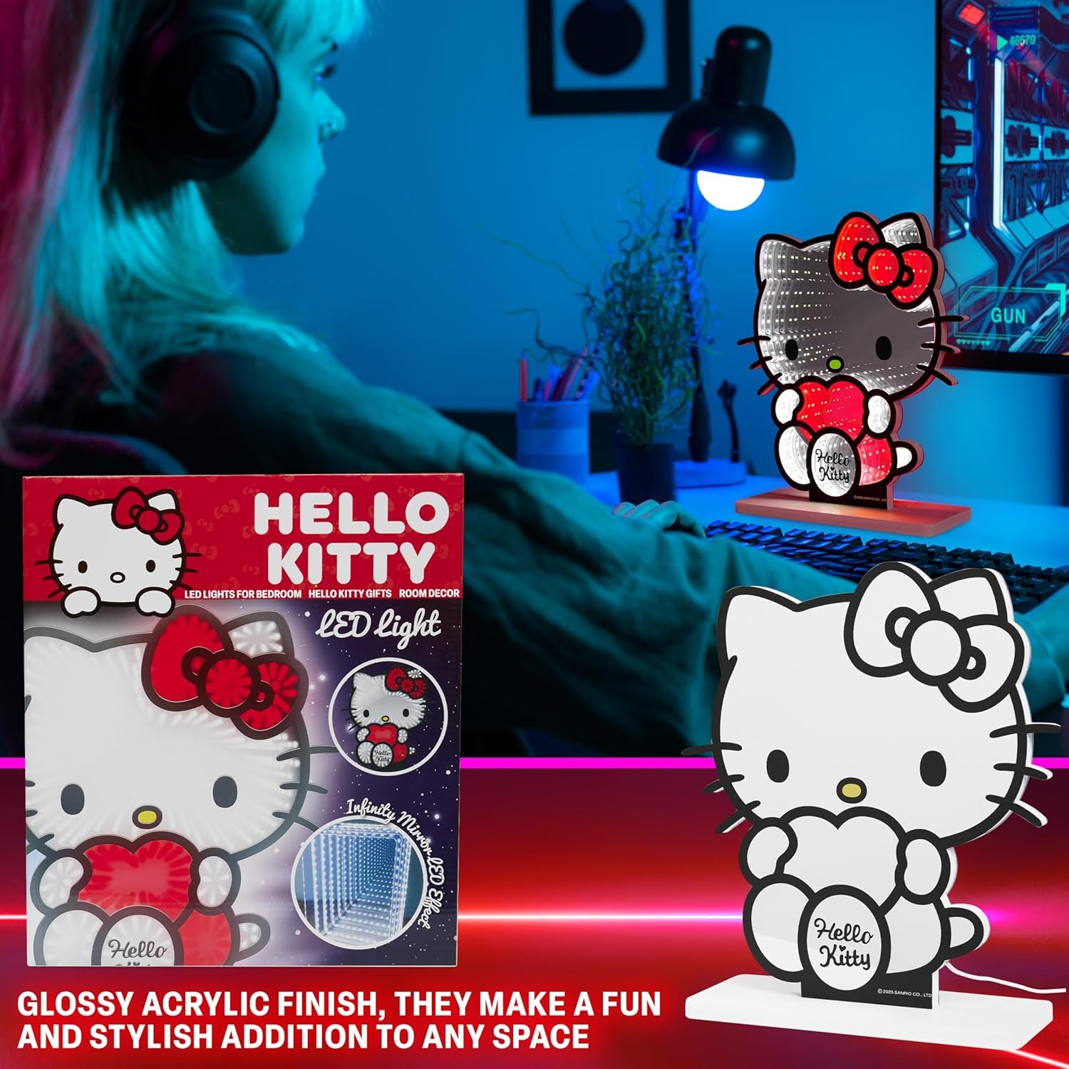 Hello Kitty Sanrio 3D LED Light, Infinity Mirror Effect, USB Night Light, Room Decor, Bedroom Lamp, Kawaii Gifts for Girls Teens Women (Multi Hello Kitty)