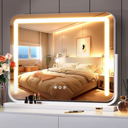 Vanity Mirror with Lights 21"×15.7" LED Makeup Mirror,Dimmable Smart Touch Control Mirror with Lights for Bedroom Tabletop, 360° Rotation,Vanity Mirror Square White