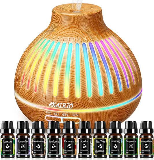 400ML Essential Oil Diffuser with Aromatherapy Oils Set for Office,Home Aroma Diffusers for Essential Oils Large Room with Light & Timer Setting, Air Oil Diffuser Essential Oils Set Quiet for Bedroom