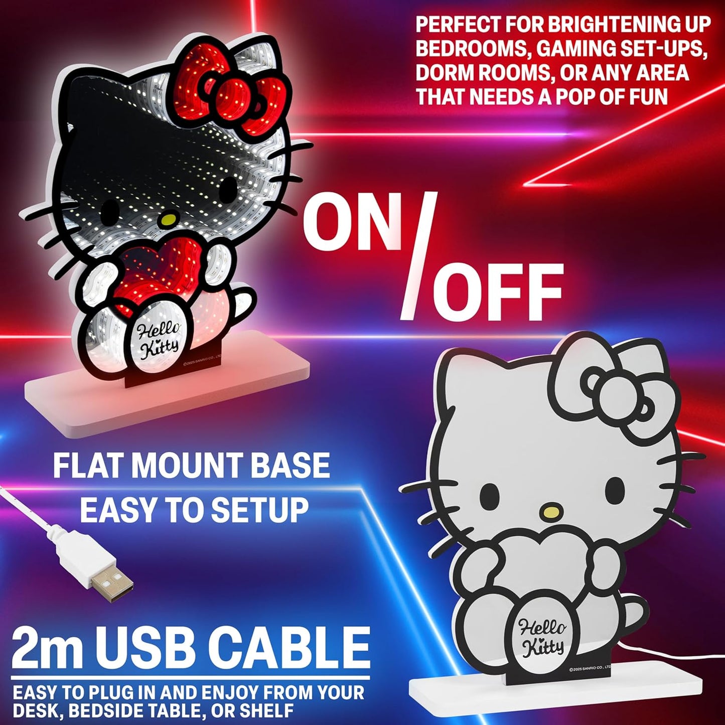 Hello Kitty Sanrio 3D LED Light, Infinity Mirror Effect, USB Night Light, Room Decor, Bedroom Lamp, Kawaii Gifts for Girls Teens Women (Multi Hello Kitty)