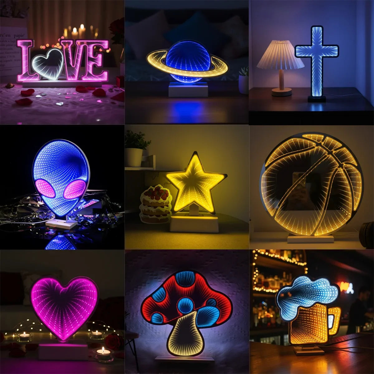 Infinity 3D Mirror LED Sign USB Powered with On/Off Switch -Ambience Lamp for Party Bedroom Living Room Home Decor Creative Gift