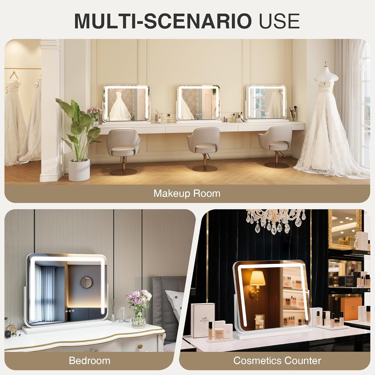 Vanity Mirror with Lights 21"×15.7" LED Makeup Mirror,Dimmable Smart Touch Control Mirror with Lights for Bedroom Tabletop, 360° Rotation,Vanity Mirror Square White