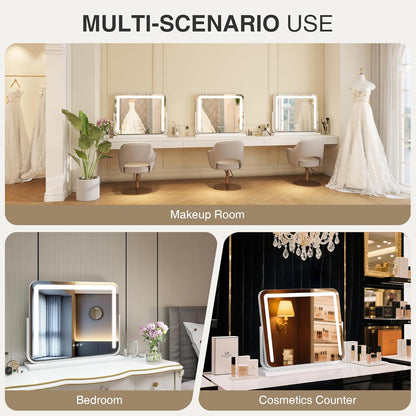 Vanity Mirror with Lights 21"×15.7" LED Makeup Mirror,Dimmable Smart Touch Control Mirror with Lights for Bedroom Tabletop, 360° Rotation,Vanity Mirror Square White