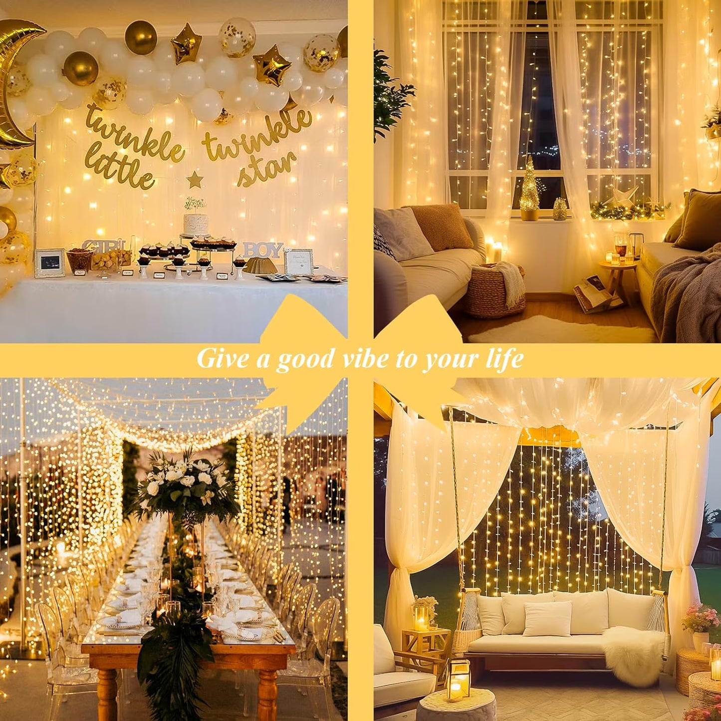3 Pack 900 LED Curtain Lights, 9.9Ft × 9.9Ft Warm White Curtain String Lights, 8 Modes Twinkle Lights with Remote, USB Hanging Curtain Lights for Bedroom, Window, Wedding, Party