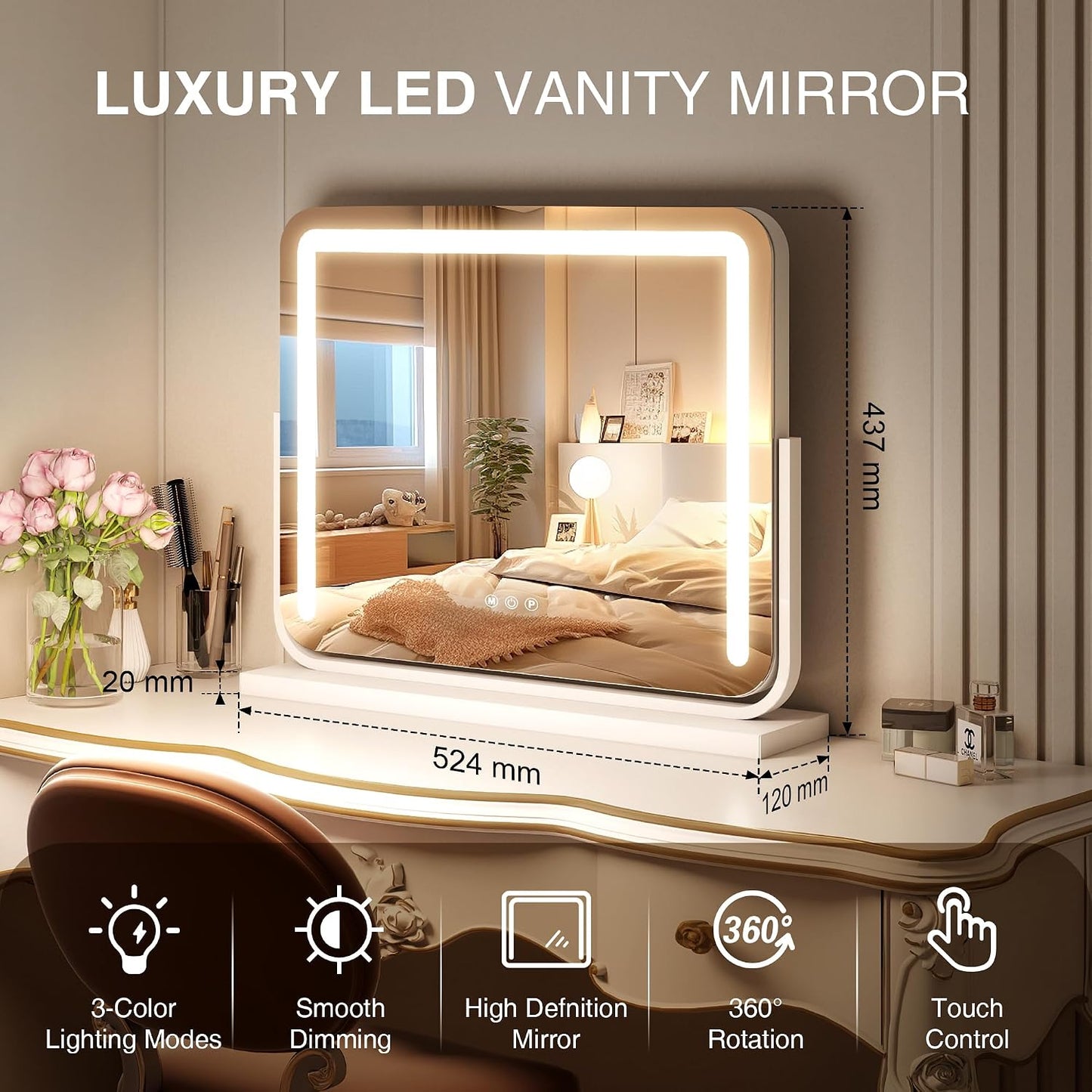 Vanity Mirror with Lights 21"×15.7" LED Makeup Mirror,Dimmable Smart Touch Control Mirror with Lights for Bedroom Tabletop, 360° Rotation,Vanity Mirror Square White