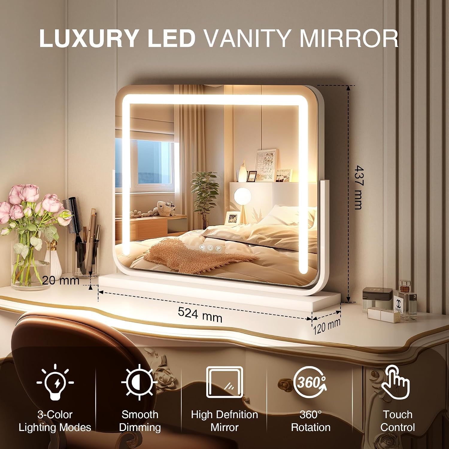 Vanity Mirror with Lights 21"×15.7" LED Makeup Mirror,Dimmable Smart Touch Control Mirror with Lights for Bedroom Tabletop, 360° Rotation,Vanity Mirror Square White