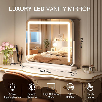 Vanity Mirror with Lights 21"×15.7" LED Makeup Mirror,Dimmable Smart Touch Control Mirror with Lights for Bedroom Tabletop, 360° Rotation,Vanity Mirror Square White