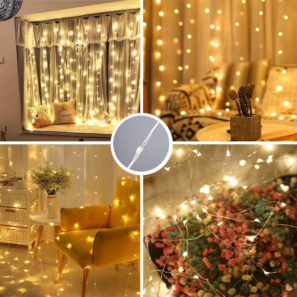 3 Pack 900 LED Curtain Lights, 9.9Ft × 9.9Ft Warm White Curtain String Lights, 8 Modes Twinkle Lights with Remote, USB Hanging Curtain Lights for Bedroom, Window, Wedding, Party