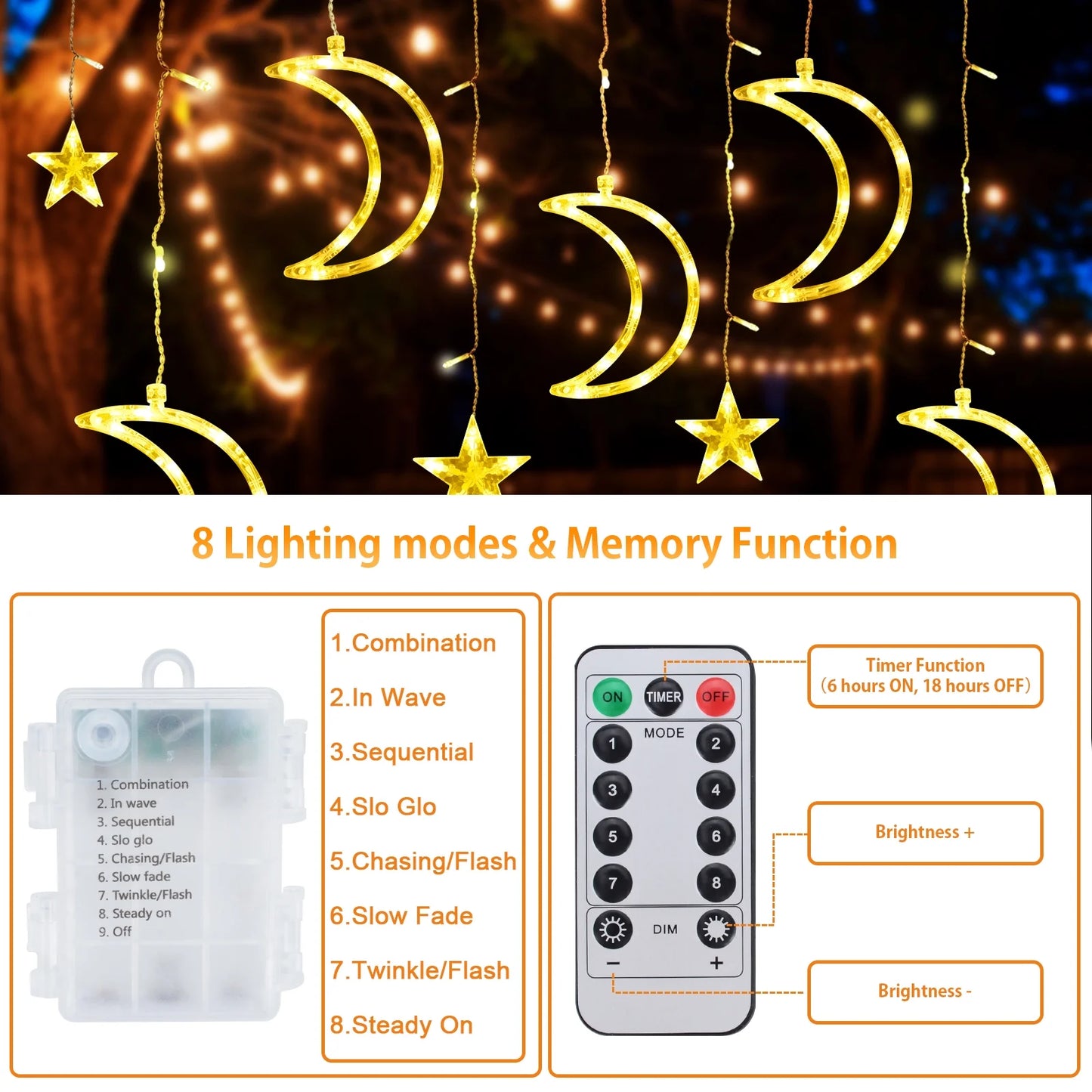 120 LED Curtain String Lights, Star and Moon Lights Fairy Lights, String Hanging with Remote for Bedroom Birthday Wedding Christmas Party Garden Indoor Outdoor Decoration