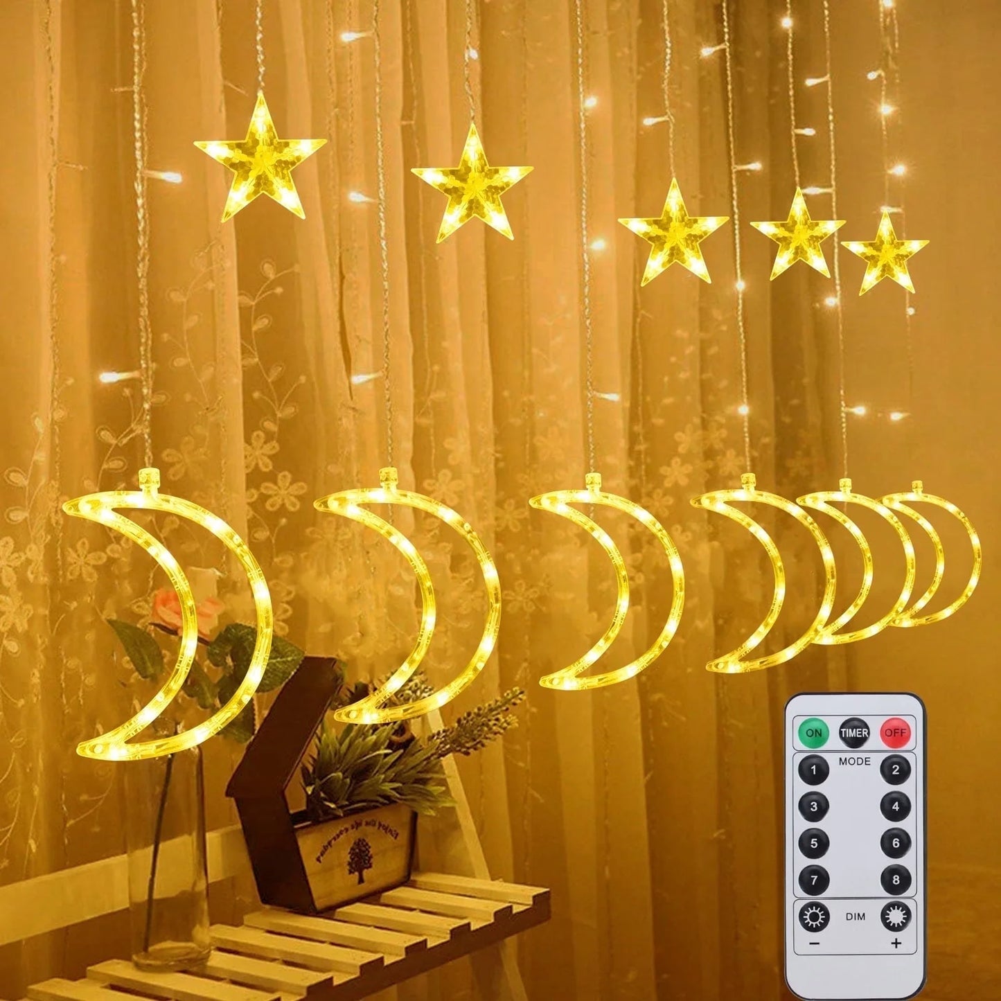 120 LED Curtain String Lights, Star and Moon Lights Fairy Lights, String Hanging with Remote for Bedroom Birthday Wedding Christmas Party Garden Indoor Outdoor Decoration