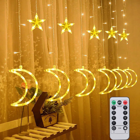 120 LED Curtain String Lights, Star and Moon Lights Fairy Lights, String Hanging with Remote for Bedroom Birthday Wedding Christmas Party Garden Indoor Outdoor Decoration
