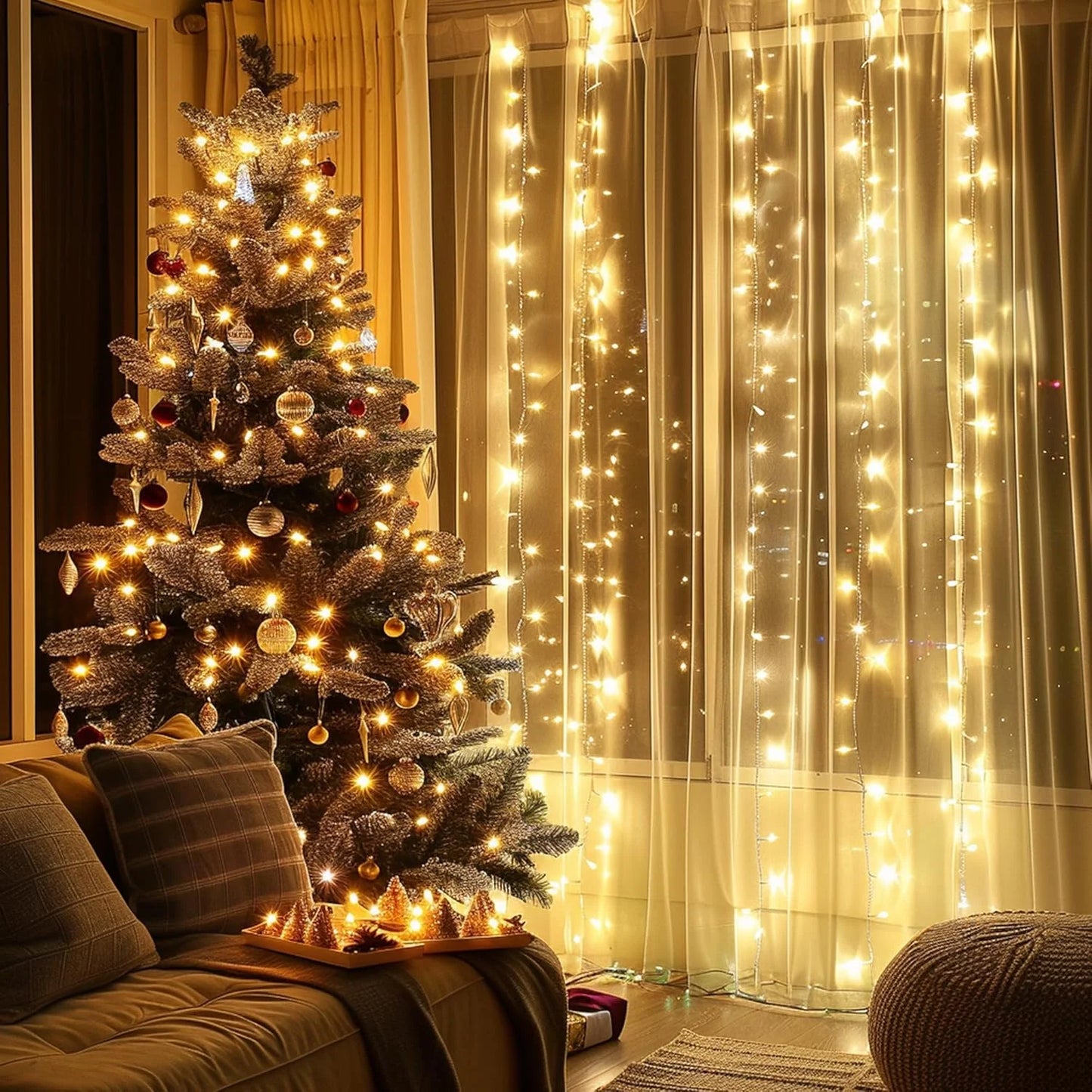 3 Pack 900 LED Curtain Lights, 9.9Ft × 9.9Ft Warm White Curtain String Lights, 8 Modes Twinkle Lights with Remote, USB Hanging Curtain Lights for Bedroom, Window, Wedding, Party