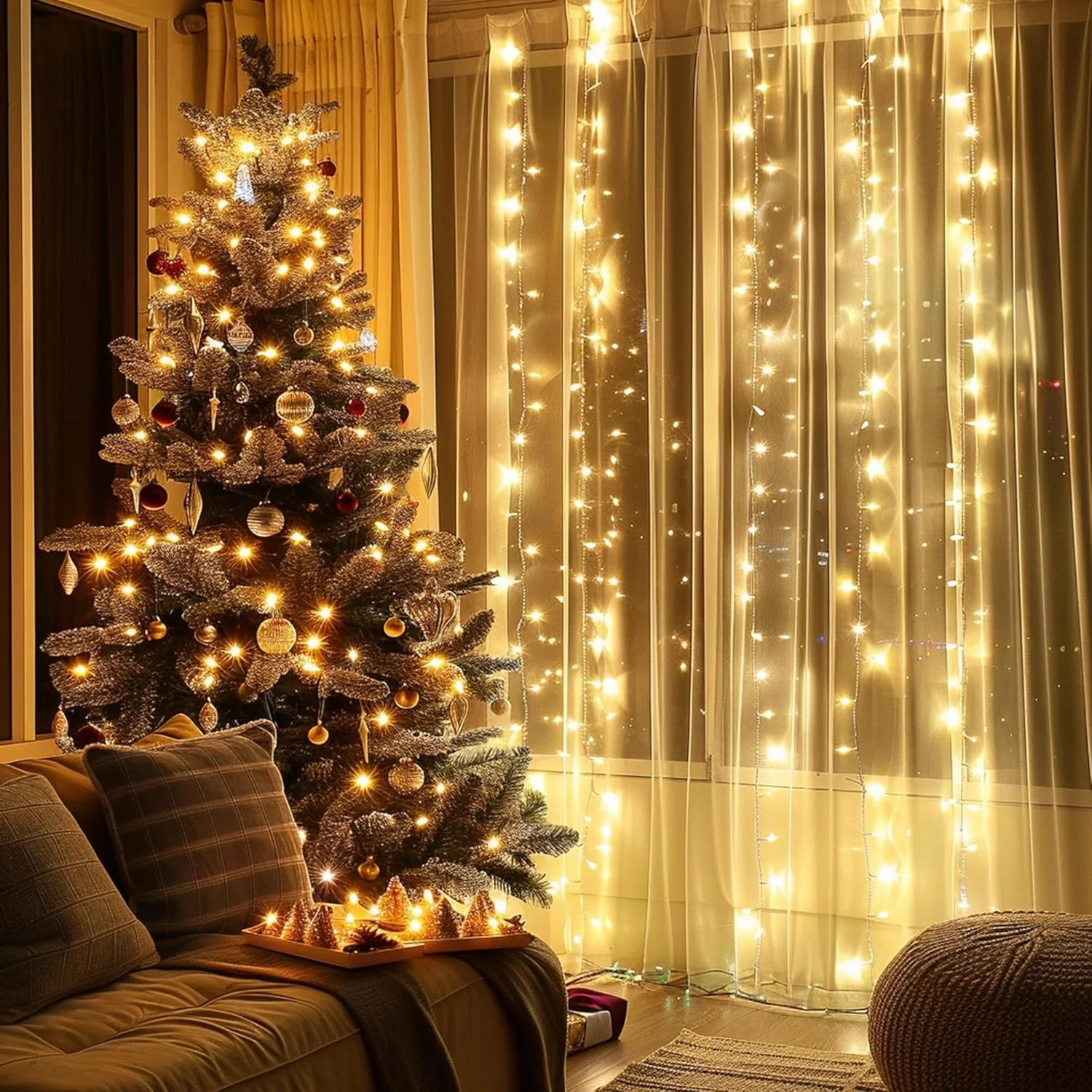 3 Pack 900 LED Curtain Lights, 9.9Ft × 9.9Ft Warm White Curtain String Lights, 8 Modes Twinkle Lights with Remote, USB Hanging Curtain Lights for Bedroom, Window, Wedding, Party