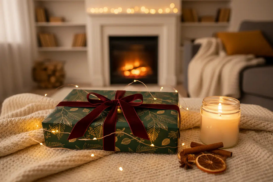 Gift box with fairy lights and scented candle