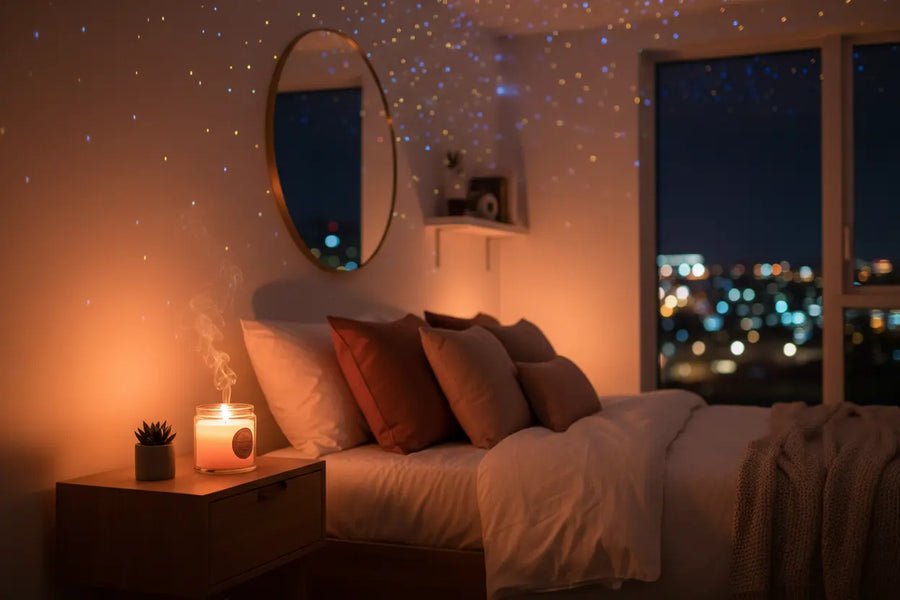 Cozy bedroom with sunset and star projector lighting