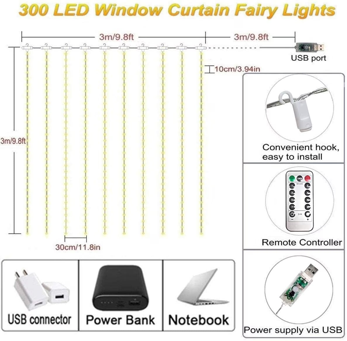 3 Pack 900 LED Curtain Lights, 9.9Ft × 9.9Ft Warm White Curtain String Lights, 8 Modes Twinkle Lights with Remote, USB Hanging Curtain Lights for Bedroom, Window, Wedding, Party
