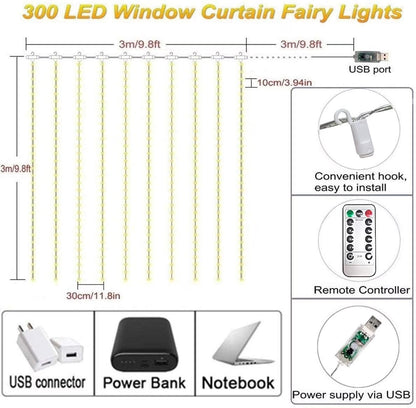 3 Pack 900 LED Curtain Lights, 9.9Ft × 9.9Ft Warm White Curtain String Lights, 8 Modes Twinkle Lights with Remote, USB Hanging Curtain Lights for Bedroom, Window, Wedding, Party