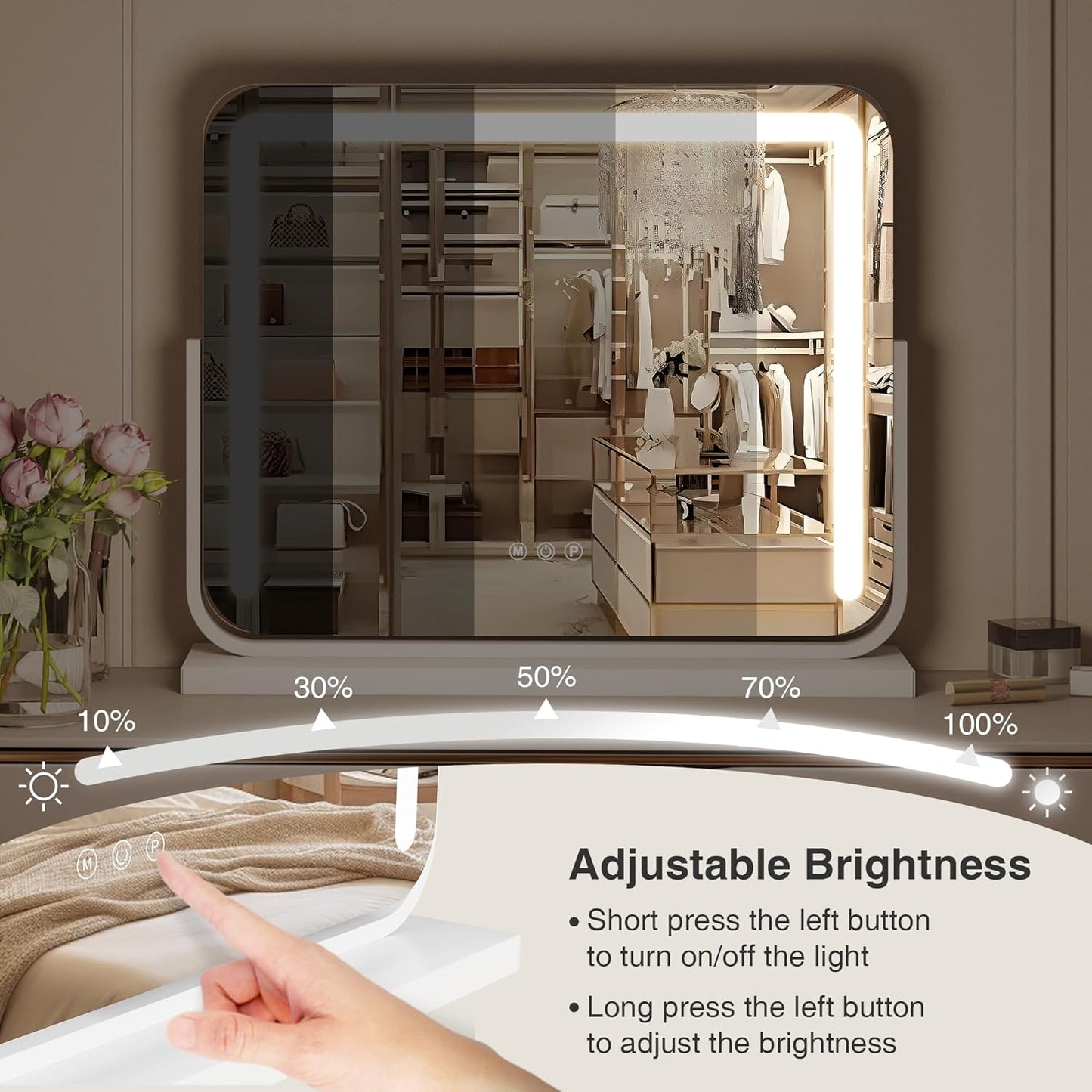 Vanity Mirror with Lights 21"×15.7" LED Makeup Mirror,Dimmable Smart Touch Control Mirror with Lights for Bedroom Tabletop, 360° Rotation,Vanity Mirror Square White