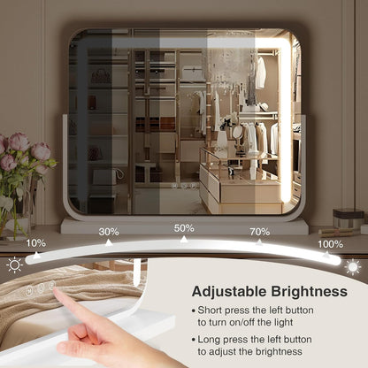Vanity Mirror with Lights 21"×15.7" LED Makeup Mirror,Dimmable Smart Touch Control Mirror with Lights for Bedroom Tabletop, 360° Rotation,Vanity Mirror Square White