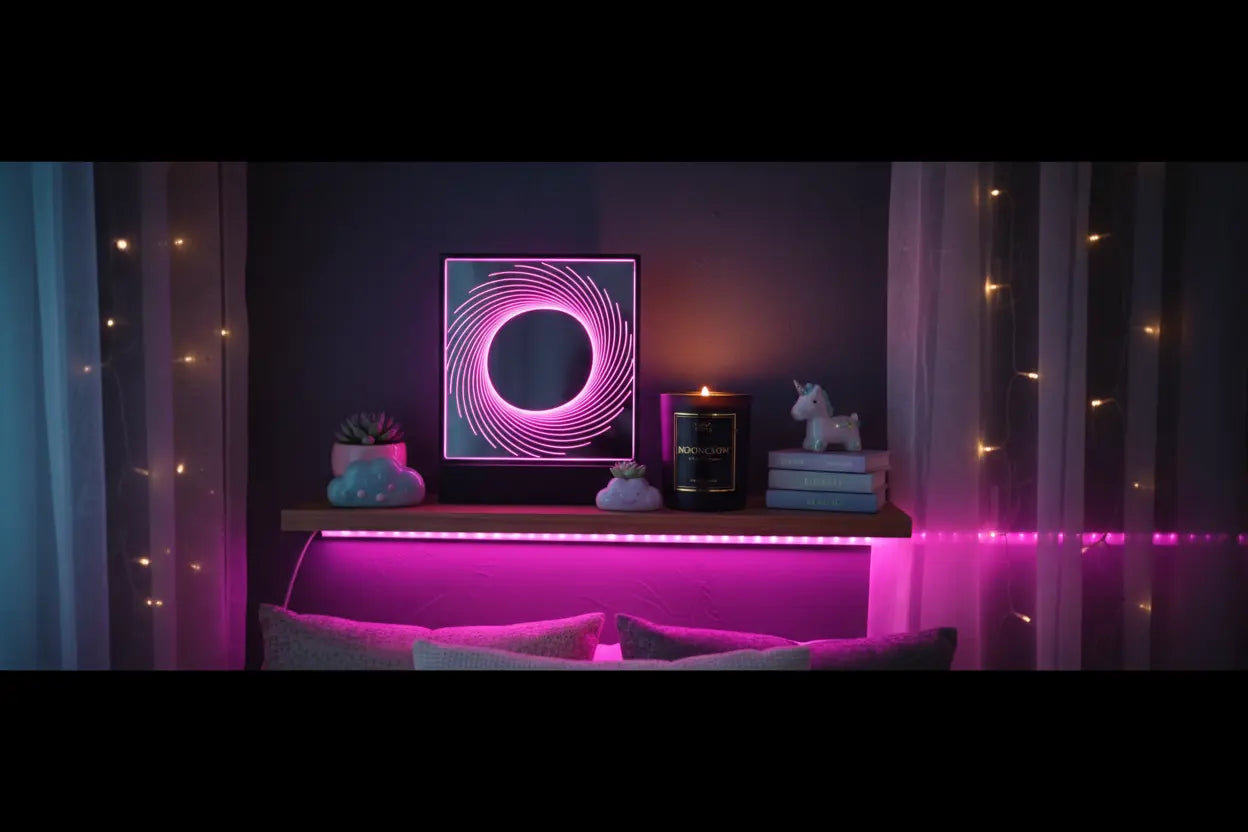 Aesthetic bedroom shelf styled with a 3D LED infinity mirror night light, a luxury black scented candle with a golden label, small decorative objects, and fairy lights under pink neon lighting.