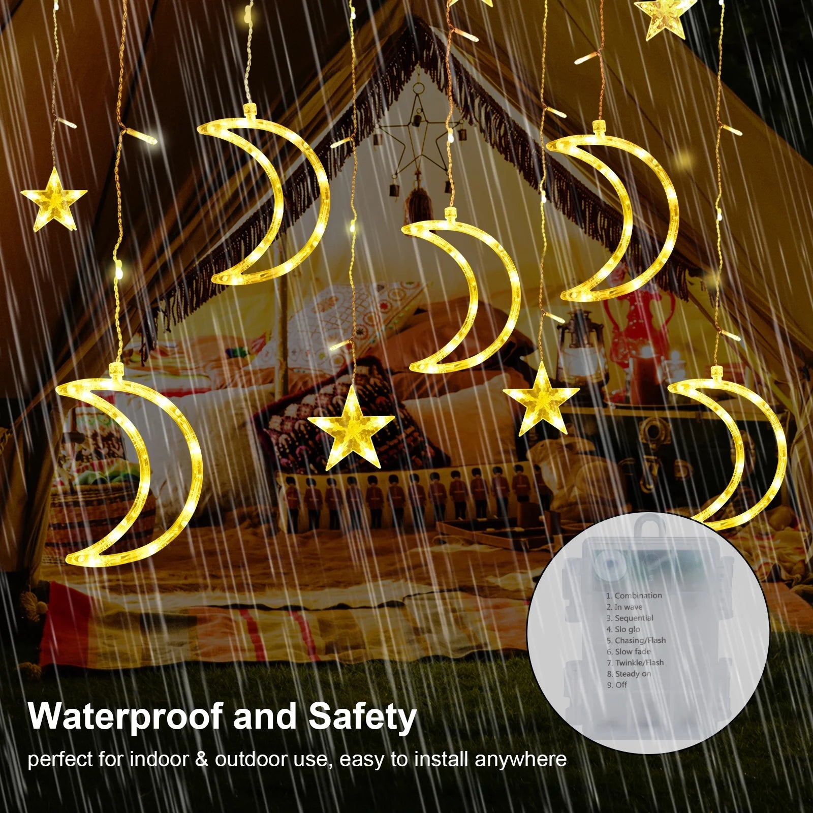 120 LED Curtain String Lights, Star and Moon Lights Fairy Lights, String Hanging with Remote for Bedroom Birthday Wedding Christmas Party Garden Indoor Outdoor Decoration