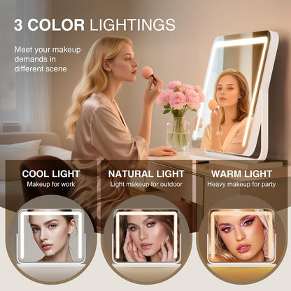 Vanity Mirror with Lights 21"×15.7" LED Makeup Mirror,Dimmable Smart Touch Control Mirror with Lights for Bedroom Tabletop, 360° Rotation,Vanity Mirror Square White