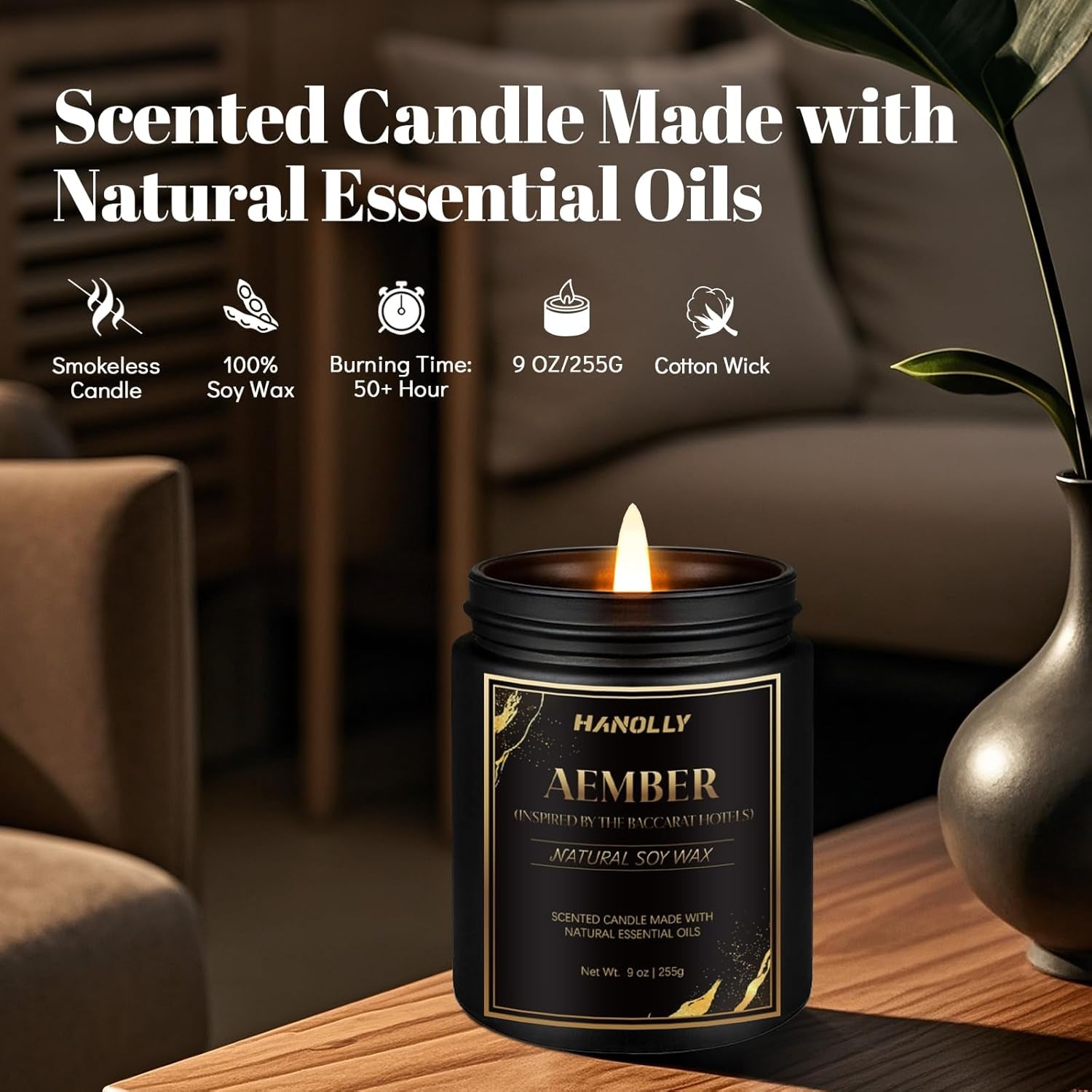 Aember Hotel Candle, 9 Oz Scented Candles for Home Soy Candle Wax, Inspired by the Baccarat Hotels, Luxury Long Lasting Aromatherapy Jar Candle Gifts for Men Women