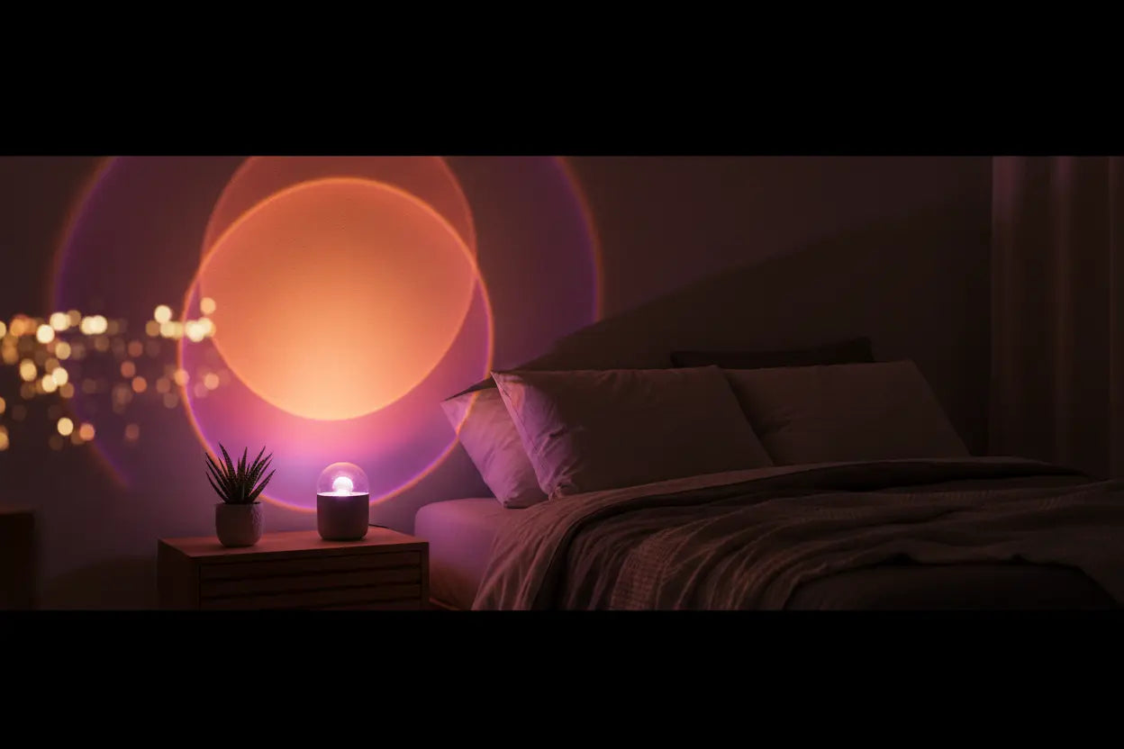 Cozy dark bedroom at night with a sunset projection lamp casting a warm orange and purple circular glow on the wall, next to a small plant on a minimalist nightstand.