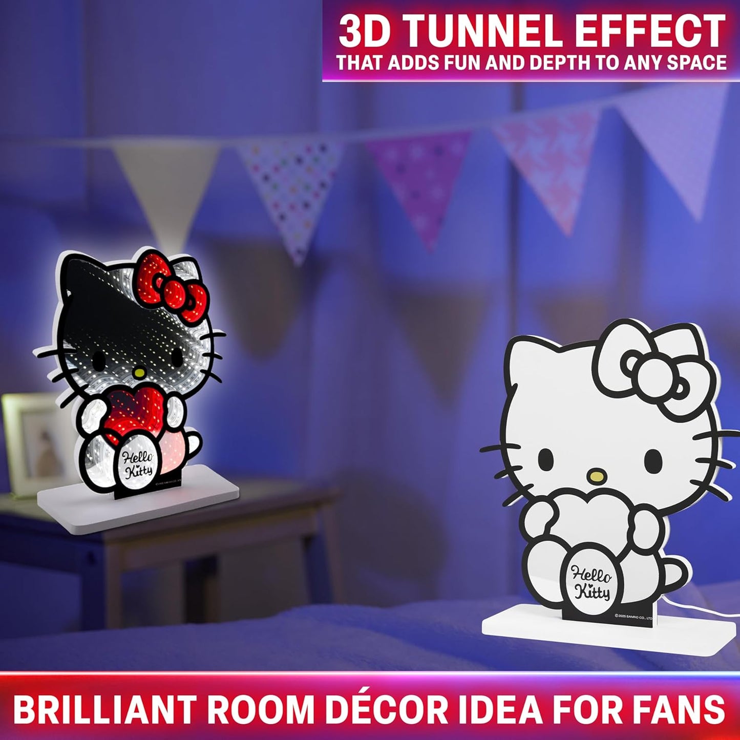 Hello Kitty Sanrio 3D LED Light, Infinity Mirror Effect, USB Night Light, Room Decor, Bedroom Lamp, Kawaii Gifts for Girls Teens Women (Multi Hello Kitty)