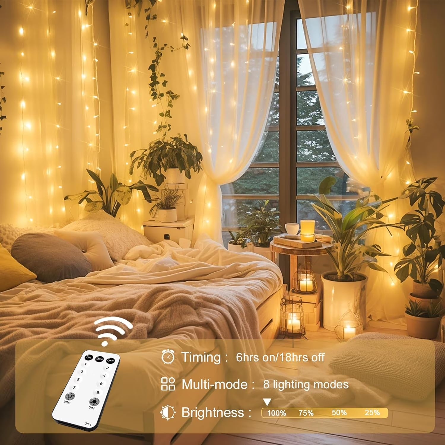 3 Pack 900 LED Curtain Lights, 9.9Ft × 9.9Ft Warm White Curtain String Lights, 8 Modes Twinkle Lights with Remote, USB Hanging Curtain Lights for Bedroom, Window, Wedding, Party