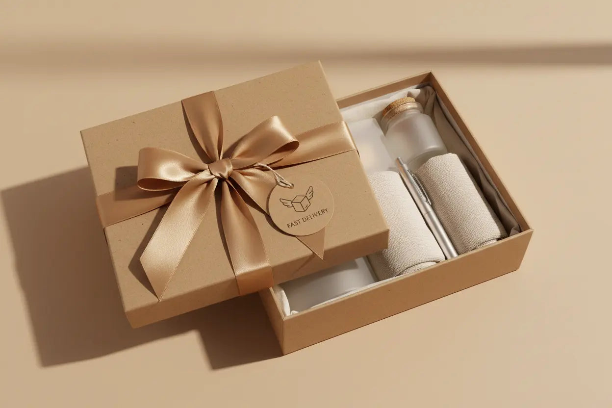 Elegant gift box made of craft paper with a silky ribbon and a branded tag, containing neatly packed minimalist products inside on a neutral background.