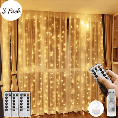 3 Pack 900 LED Curtain Lights, 9.9Ft × 9.9Ft Warm White Curtain String Lights, 8 Modes Twinkle Lights with Remote, USB Hanging Curtain Lights for Bedroom, Window, Wedding, Party