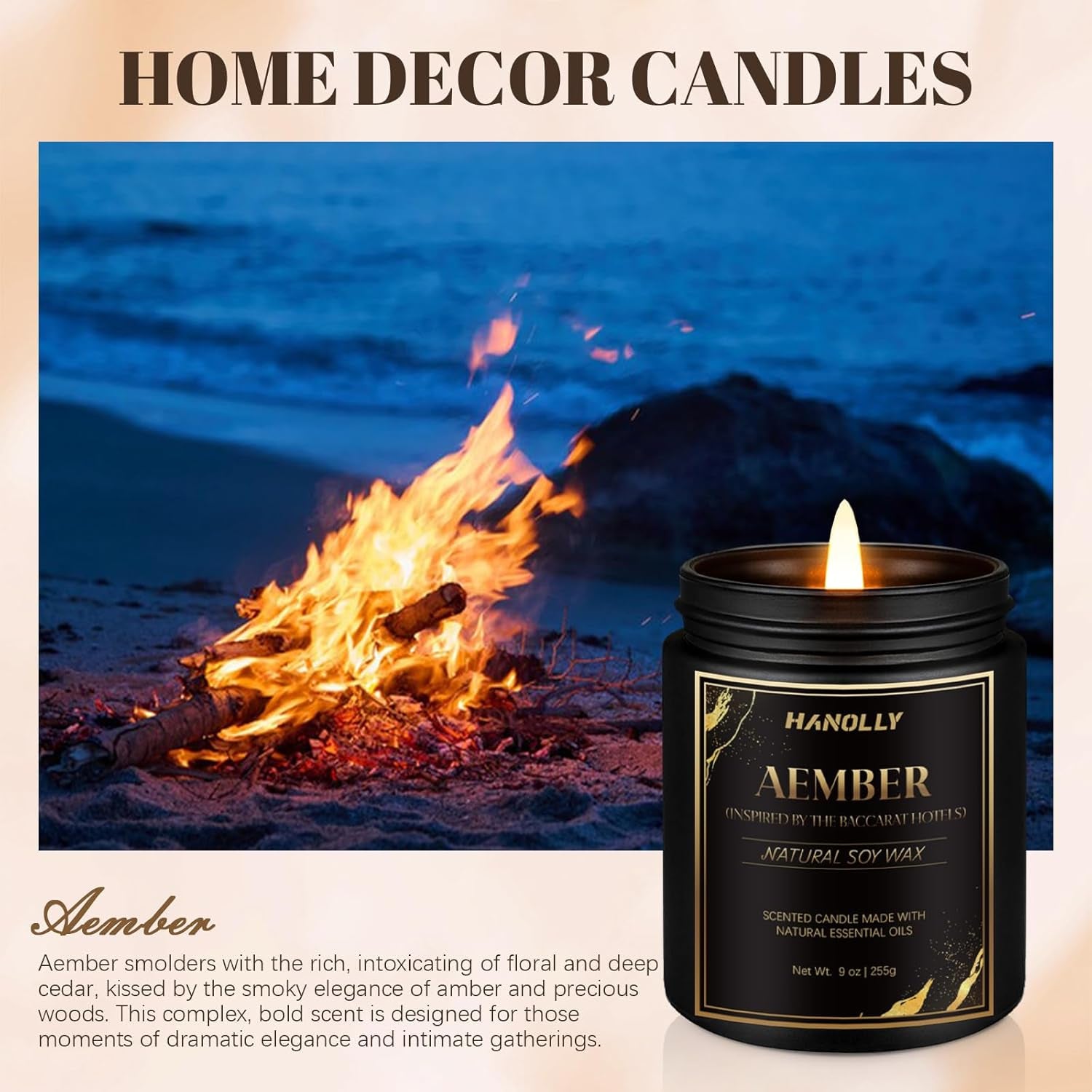 Aember Hotel Candle, 9 Oz Scented Candles for Home Soy Candle Wax, Inspired by the Baccarat Hotels, Luxury Long Lasting Aromatherapy Jar Candle Gifts for Men Women