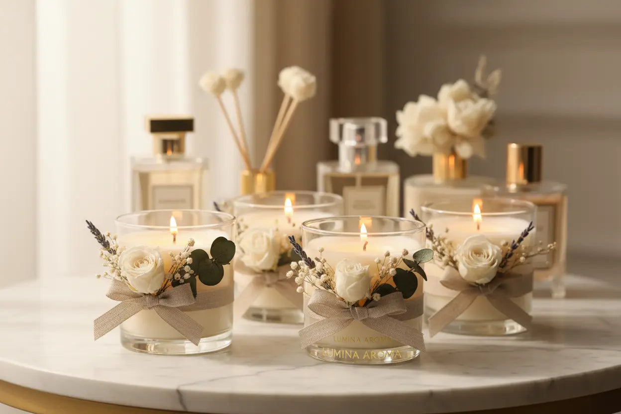 Collection of luxury scented candles in glass jars, decorated with dried flowers and ribbons, arranged on a marble surface with perfume bottles in the background.