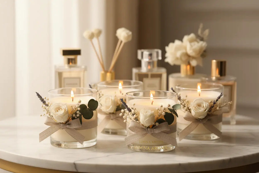 Luxury scented candles on marble surface